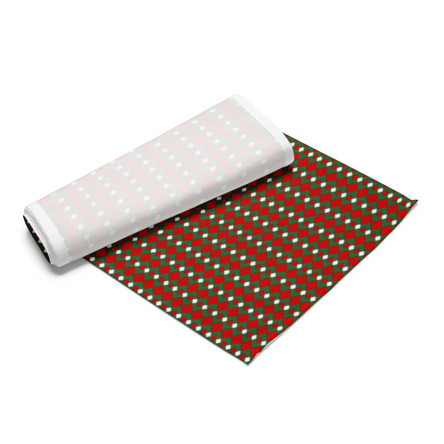 Fancy Red Green & White Argyle Christmas Table Runner | Festive Holiday Dining Décor, Rustic Farmhouse Diamond Check