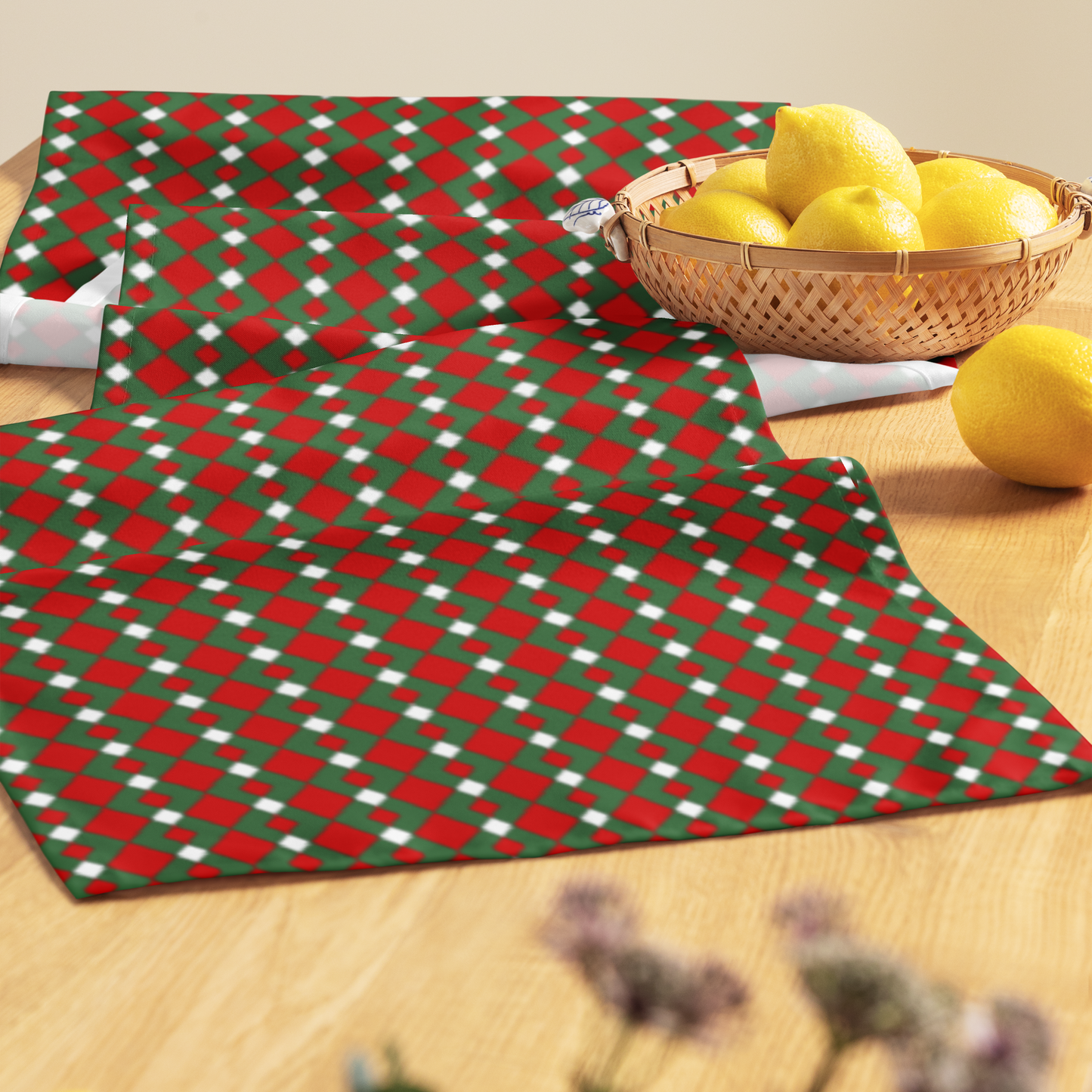 Fancy Red Green & White Argyle Christmas Table Runner | Festive Holiday Dining Décor, Rustic Farmhouse Diamond Check