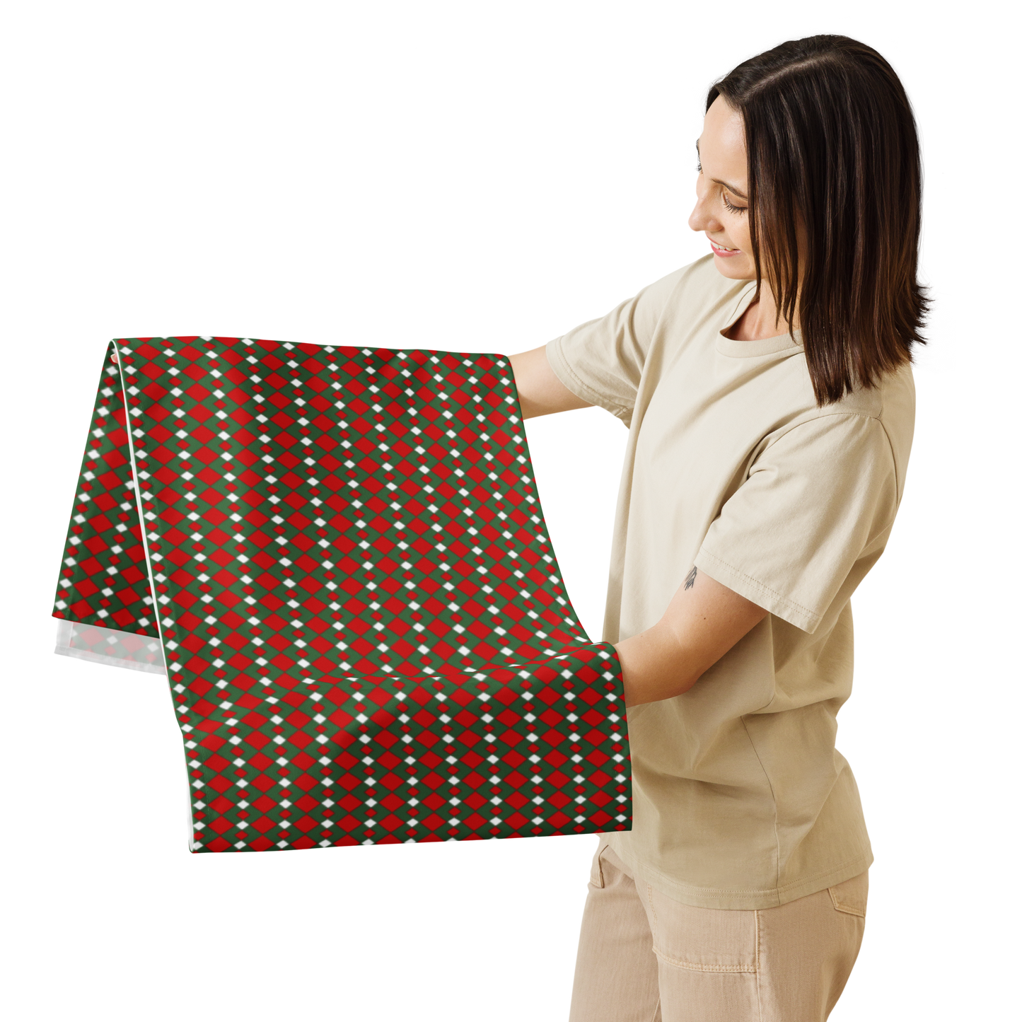 Fancy Red Green & White Argyle Christmas Table Runner | Festive Holiday Dining Décor, Rustic Farmhouse Diamond Check