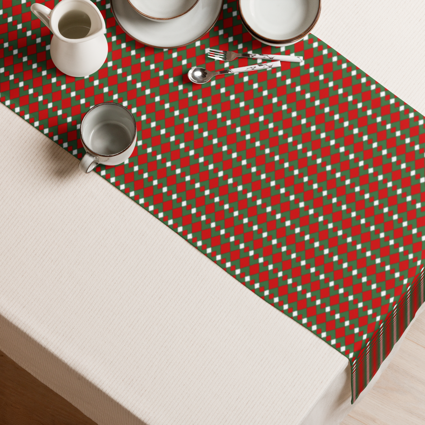 Fancy Red Green & White Argyle Christmas Table Runner | Festive Holiday Dining Décor, Rustic Farmhouse Diamond Check
