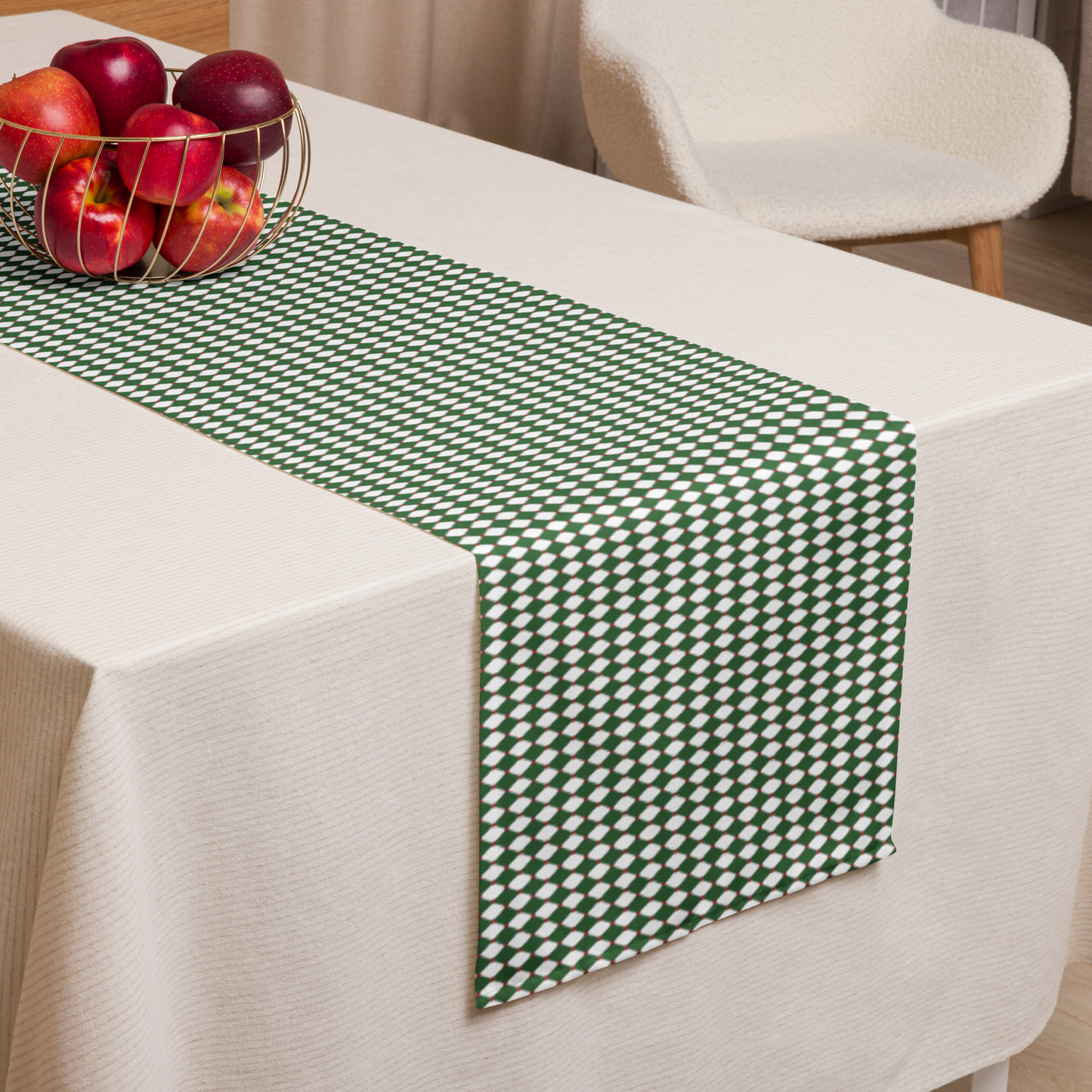 Nutcracker Drummer Green Argyle Christmas Table Runner | Festive Holiday Dining Décor, Classic Green Diamond Check