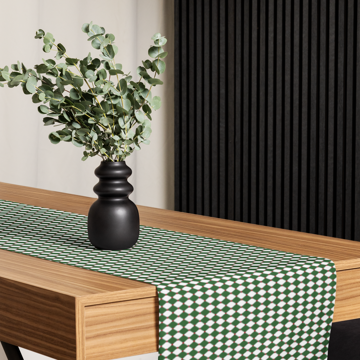 Nutcracker Drummer Green Argyle Christmas Table Runner | Festive Holiday Dining Décor, Classic Green Diamond Check