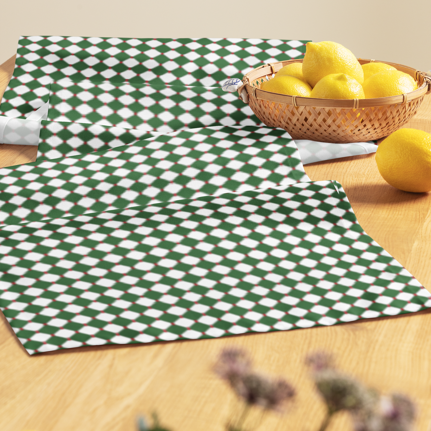 Nutcracker Drummer Green Argyle Christmas Table Runner | Festive Holiday Dining Décor, Classic Green Diamond Check