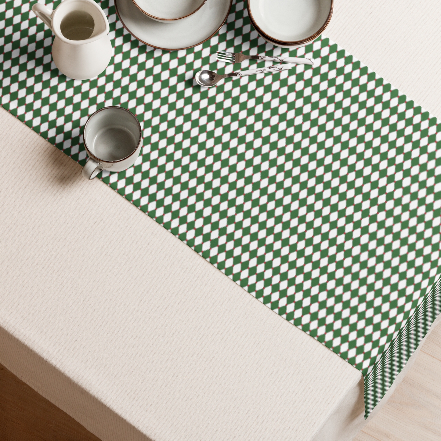 Nutcracker Drummer Green Argyle Christmas Table Runner | Festive Holiday Dining Décor, Classic Green Diamond Check