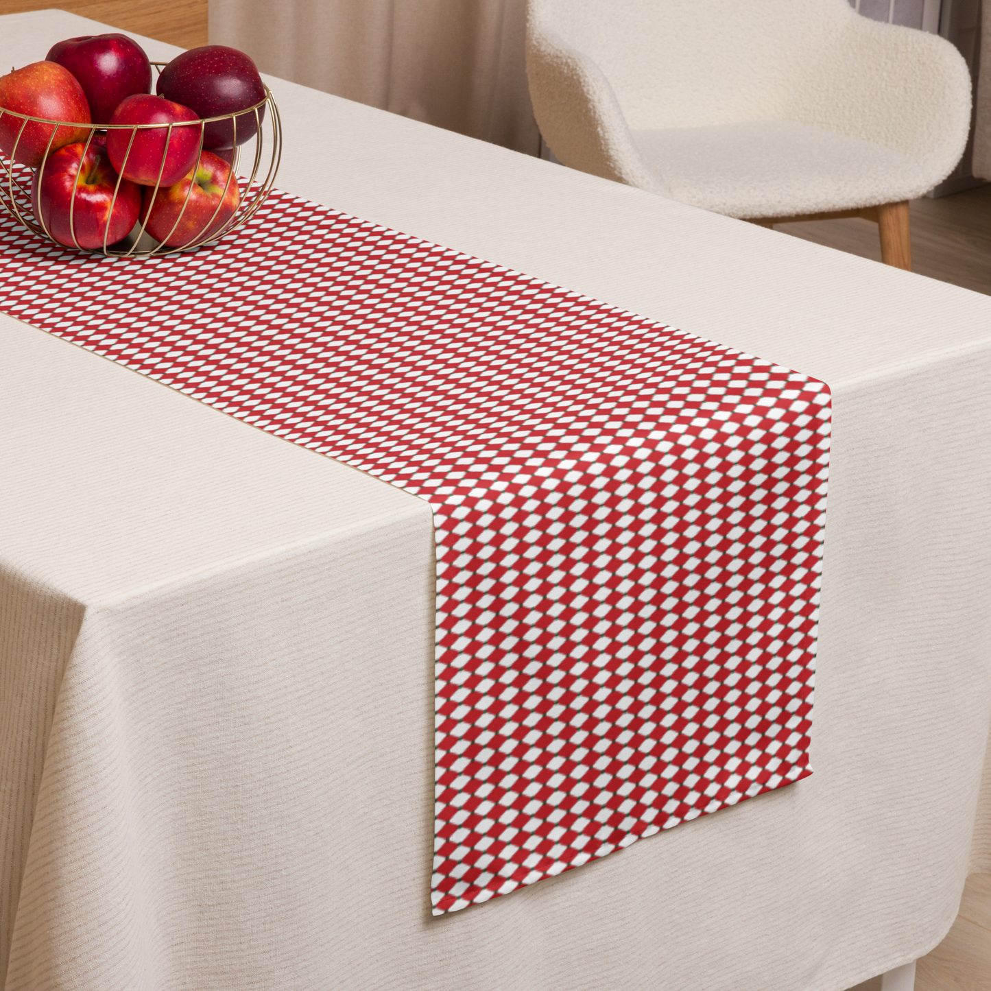Nutcracker Drummer Red Argyle Christmas Table Runner | Festive Holiday Dining Décor, Classic Red Diamond Check